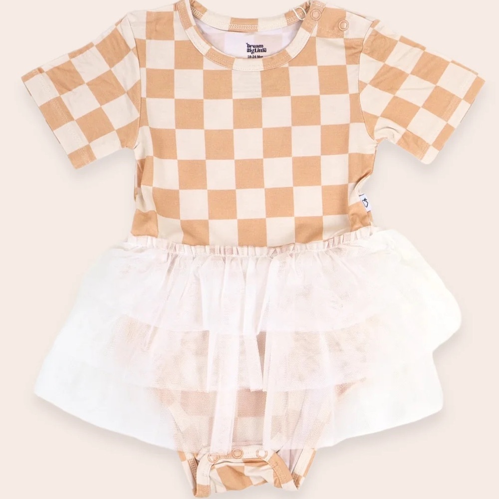 Dream big little  SANDY CHECKERS DREAM TUTU BODYSUIT DRESS 6-12 months